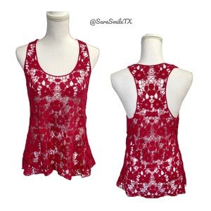 BONDI BEACH OPEN MARKET Handmade Bright Red Open Knit Floral Crochet Tank Top